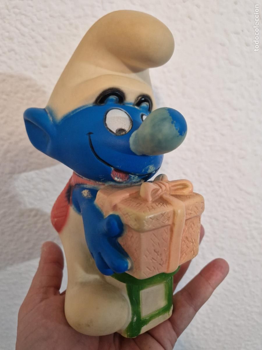 Figuras de goma y PVC: antigua gran figura de goma los pitufos peyo Jugasa mu&ntilde;eco pvc blando 20 cm pitufo con regalo