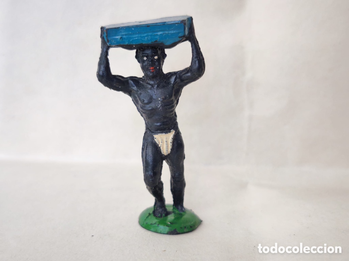 Figuras de goma y PVC: Figura de goma vintage de Porteador Africano con caja azul, Lafredo, a&ntilde;os 50/60