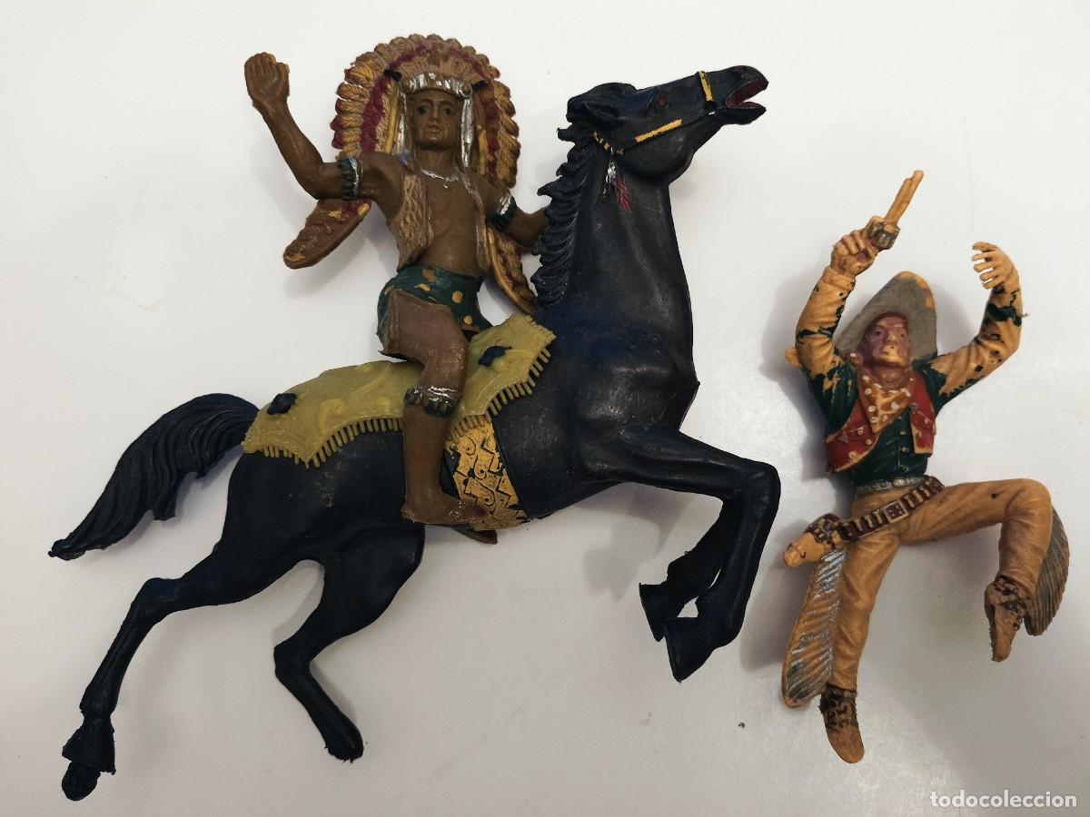 Figuras de goma y PVC: Tres figuras oeste grandes Reigon,jefe indio a caballo y pistolero