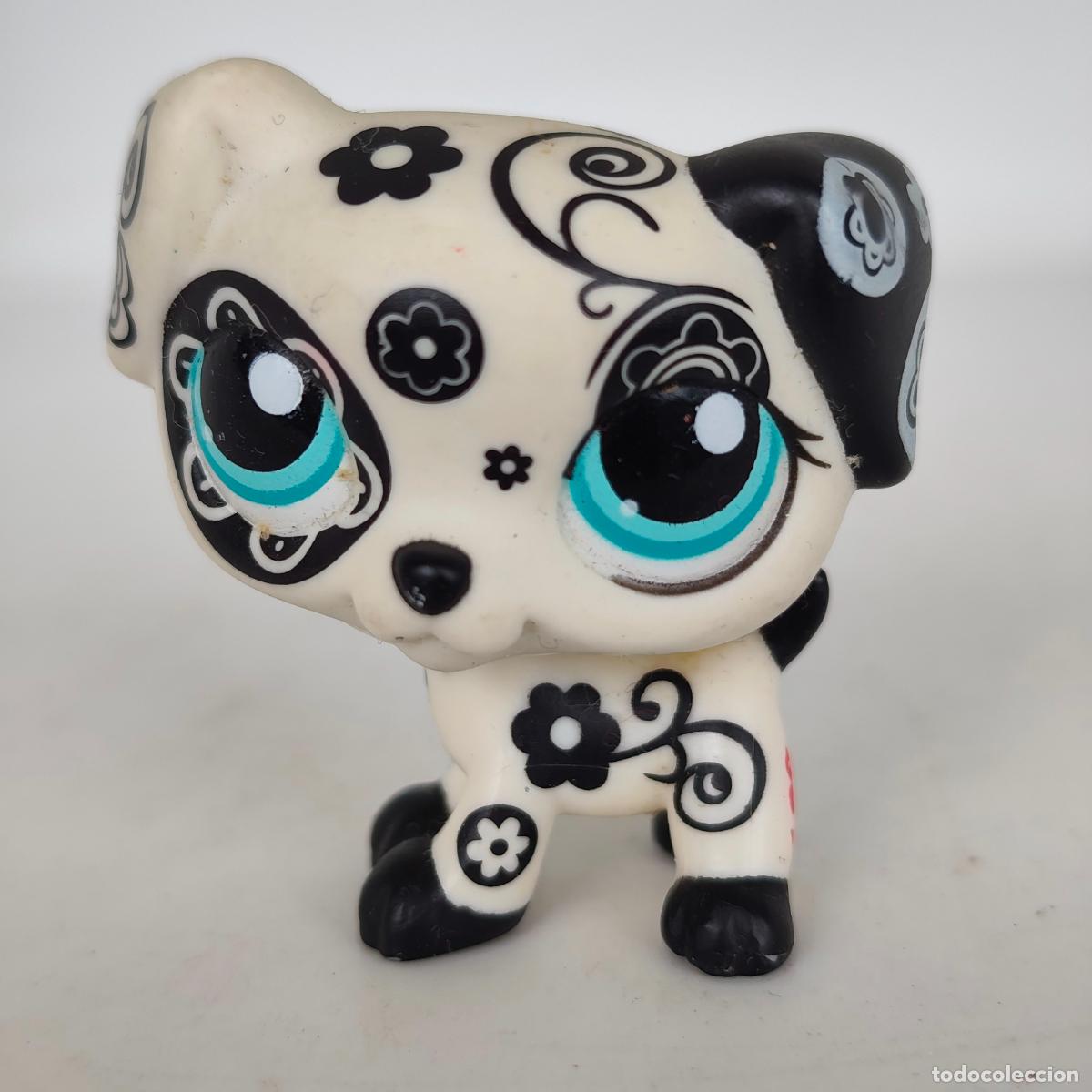 Figuras de Borracha e PVC: Littlest Pet Shop LPS Authentic 1613 Black White Dalmatian Flower Dog Blue Eyes