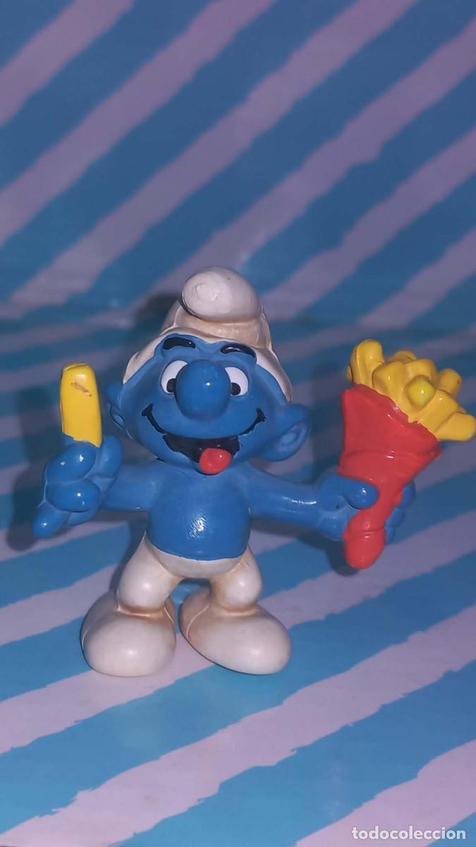 Figuras de goma y PVC: Figura pvc Pitufo con patatas fritas, Los Pitufos, Les Schtroumpfs, The Smurfs, a&ntilde;os 80