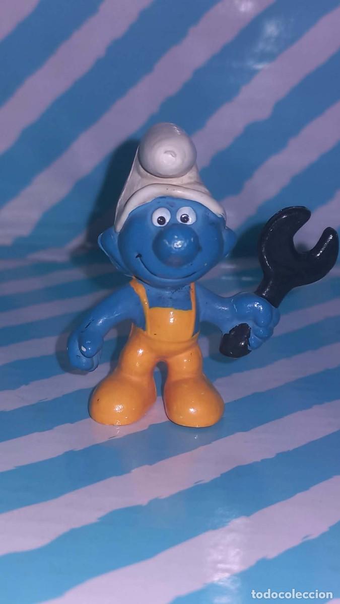 Figuras de goma y PVC: Figura pvc Pitufo mec&aacute;nico-Handy Smurf, Los Pitufos, Les Schtroumpfs, The Smurfs, a&ntilde;os 80