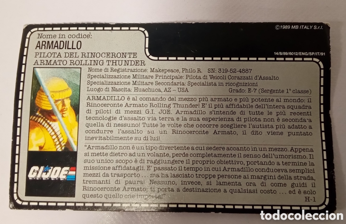 Figuras y Mu&ntilde;ecos Gi Joe: Tarjeta Cart&oacute;n Armadillo Gi Joe MB Italia 1989