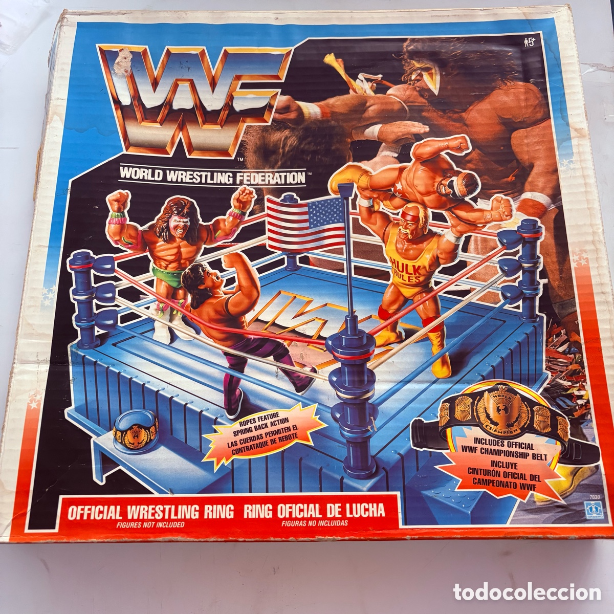 Figuras y Mu&ntilde;ecos Pressing Catch: Ring oficial de lucha cuadrilatero WWF Titan Sports Pressing catch con cinturon 1991 bandera