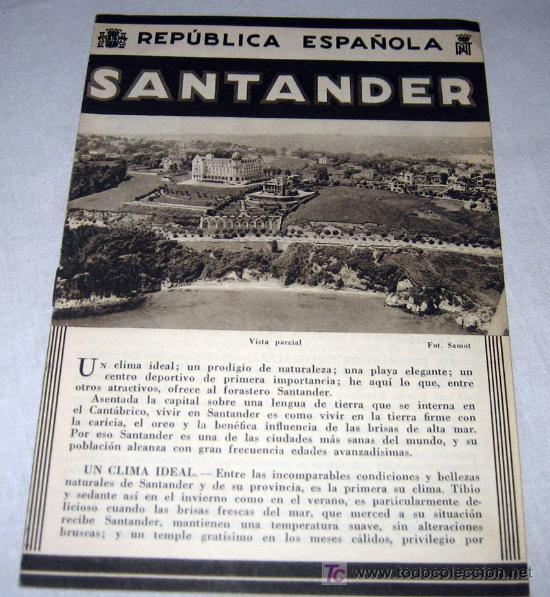 Brochures de tourisme: ANTIGUO FOLLETO TURISTICO DE SANTANDER - PATRONATO NACIONAL DE TURISMO - REPUBLICA ESPA&Ntilde;OLA  - FOTO