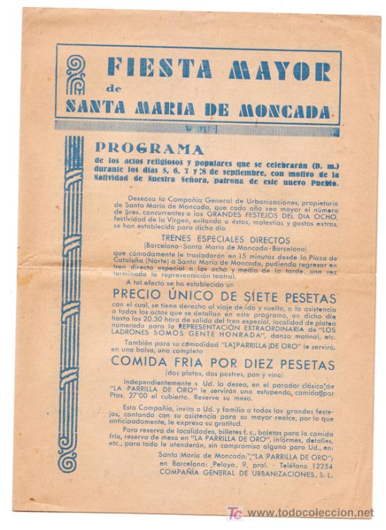 Travel Brochures: FIESTA MAYOR- Santa MARIA de MONCADA-Barcelona-A&ntilde;os 40- ProgFiestas+Restaurante Parrilla d Oro V i B