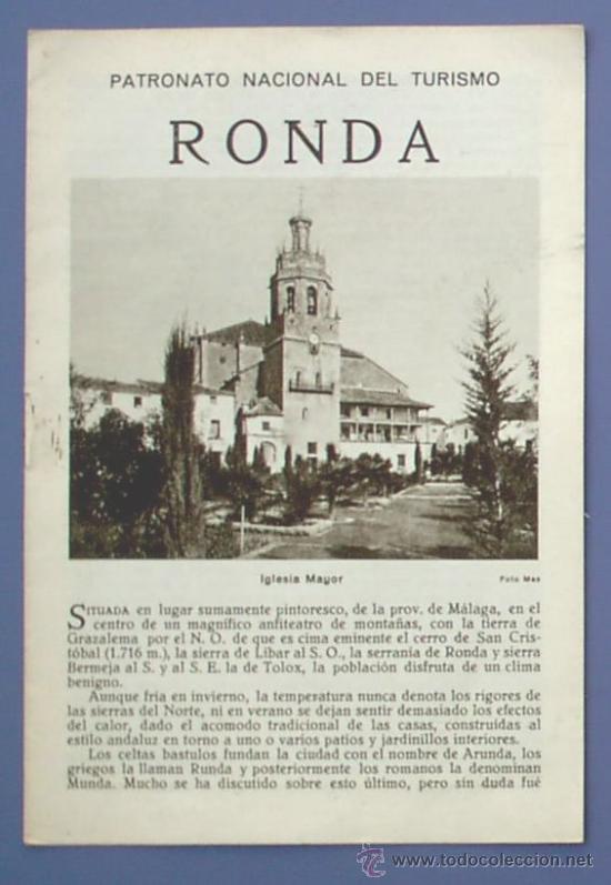 Folletos de turismo: RONDA. PATRONATO NACIONAL DE TURISMO. HUECOGRABADO MUMBR&Uacute;. ANTERIOR A 1932.