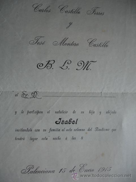 Folletos de turismo: PALENCIANA,CORDOBA,INVITACION BAUTISMO,1915.MONTERO CASTILLO.CASTILLO TORRES