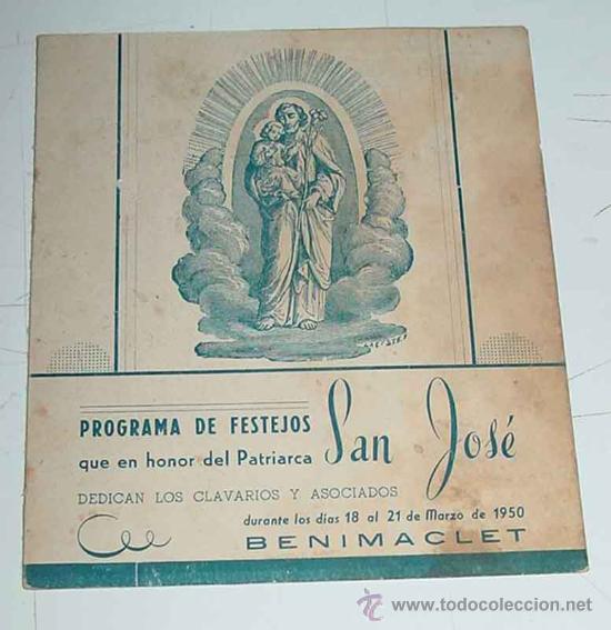 Tourismusbrosch&uuml;ren: ANTIGUO PROGRAMA DE FESTEJOS DE BENIMACLET - VALENCIA - EN HONOR DEL PATRIARCA SAN JOSE - MARZO DE 1