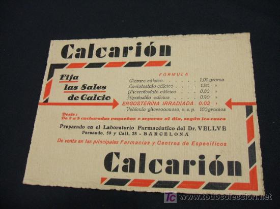 Brochures de tourisme: FOLLETO PROPAGANDA - CALCARION - FIJA LAS SALES DEL CALCIO - LABORATORIO FARMACEUTICO DEL DR. VELLVE