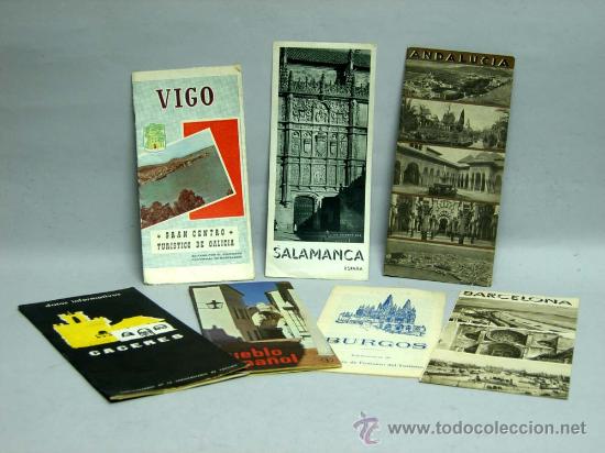 Folhetos de turismo: 7 folletos turismo Espa&ntilde;a C&aacute;ceres Burgos Salamanca Andaluc&iacute;a Vigo Pueblo Espa&ntilde;ol a&ntilde;os 50 - 60