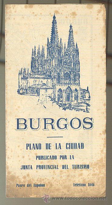 Travel Brochures: Burgos, plano de la ciudad   Monumentos, horas de visita y precios  A&ntilde;os 50   Dibujos de J. del Pino