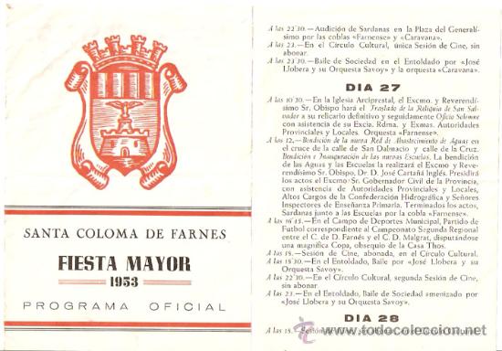 Folletos de turismo: Santa COLOMA de FARNES. GERONA - Fiesta Mayor 1953. Triptico 16 x 34 cms. - Vell i Bell