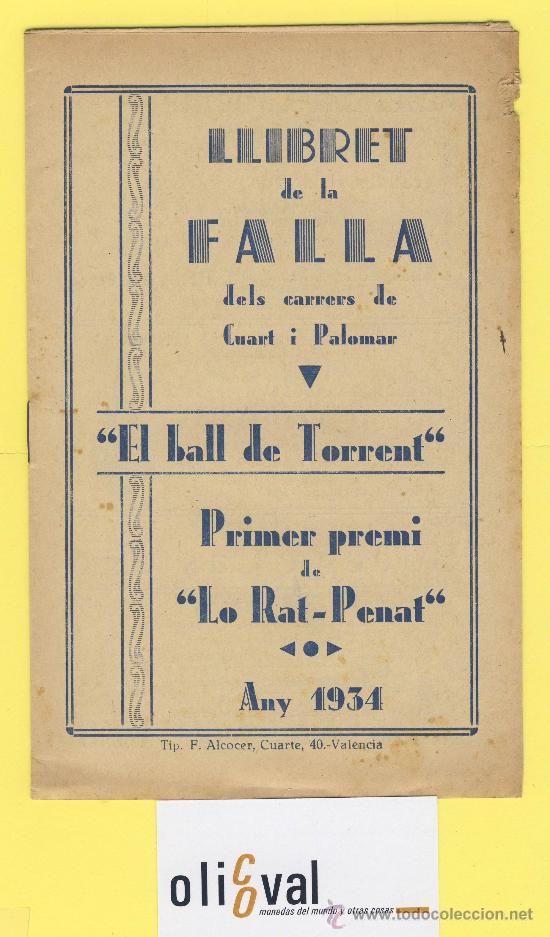 Tourismusbrosch&uuml;ren: VALENCIA FALLA  &Euml;L VALL DE TORRENT&uml;- CUART I PALOMAR -PRIMER PREMI  LORAT-PENAT 1934