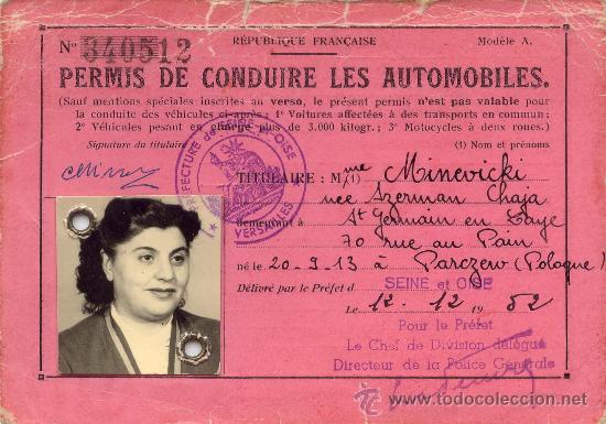 Foglietti di turismo: permiso-licencia- carnet de conducir de Francia, 1952