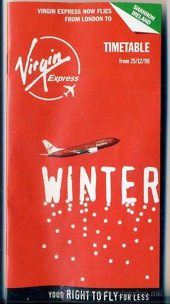Travel Brochures: folleto horarios - virgin express / diciembre 1998 - 16 pgs - aviacion
