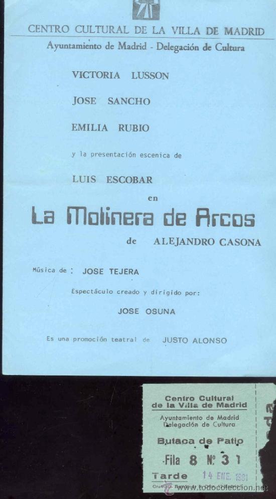 Tourismusbrosch&uuml;ren: FOLLETO DE MANO TEATRO - LA MOLINERA DE ARCOS - CENTRO CULTURAL DE LA VILLA DE MADRID  1981