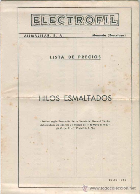 Folhetos de turismo: folleto Lista de precios Electrofil s.a.