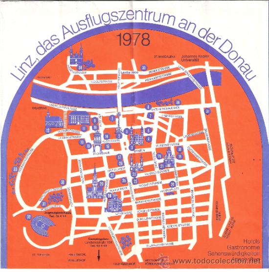 Tourismusbrosch&uuml;ren: Linz.Viaje por el centro del Danubio.Triptico.Hoteles y Alojamientos. 20x20 cmtrs.20x59'5 desplegado