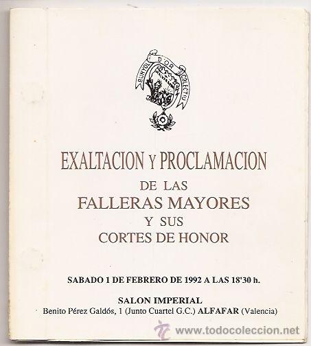 Tourismusbrosch&uuml;ren: Fallas de Valencia. Folleto de exaltaci&oacute;n de las falleras mayores. Falla de la Malvarrosa. 1992