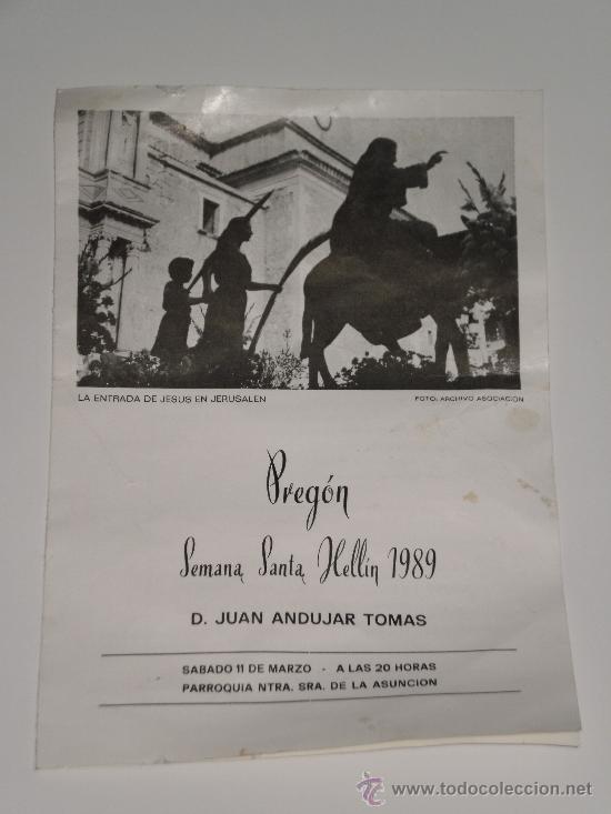 Folletos de turismo: FOLLETO DE MANO INFORMATIVO , PREG&Oacute;N SEMANA SANTA HELLIN , A&Ntilde;O 1989 . B/N