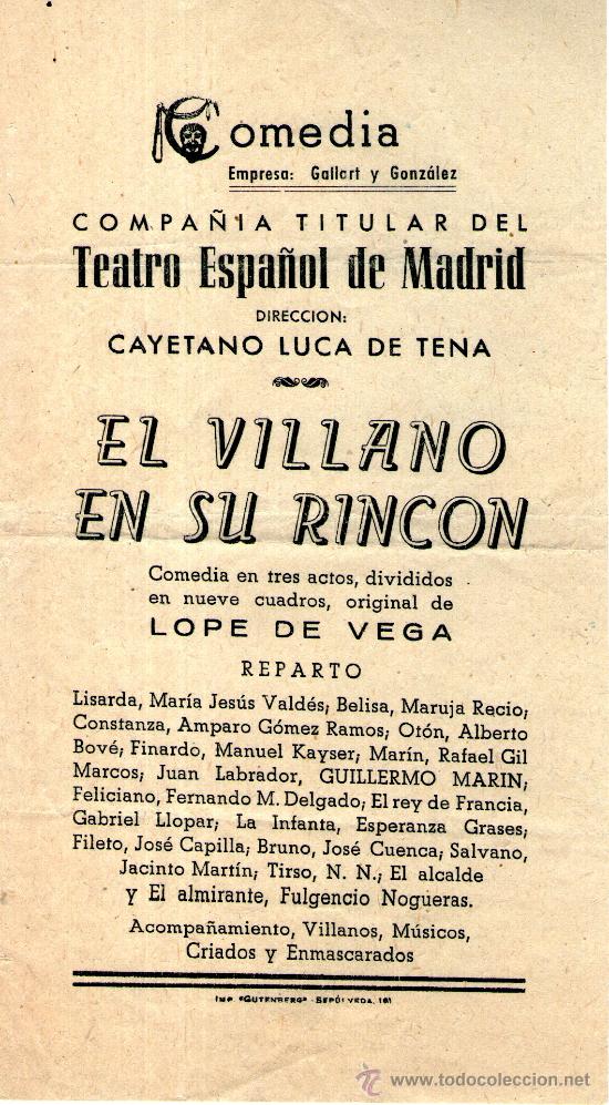 Folletos de turismo: folleto de mano teatro espa&ntilde;ol madrid  - el villano en su rincon - lope de vega