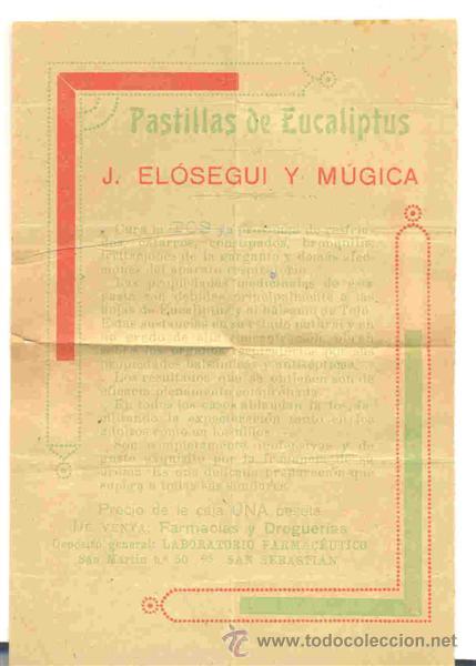 Folhetos de turismo: Folleto medicamento .. Pastillas de Eucaliptus .. J. El&oacute;segui yM&uacute;ngica 1919