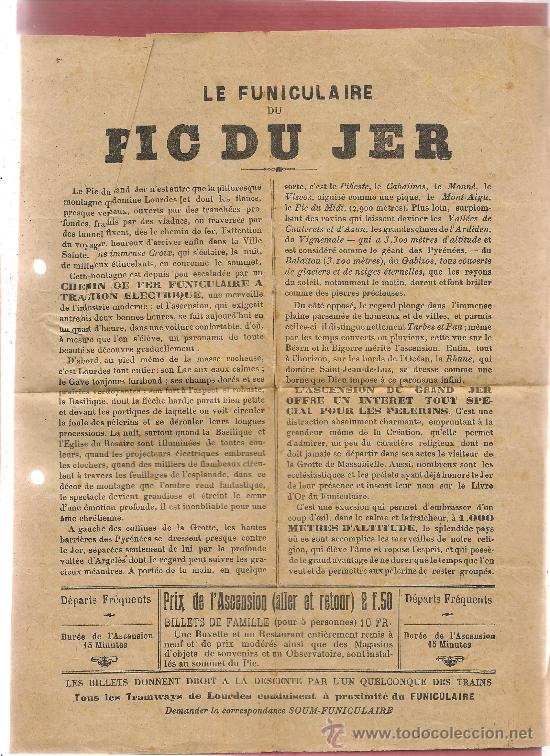 Folhetos de turismo: FOLLETO FUNICULAIRE PIC DU FER LOURDES FRANCIA prox 1900