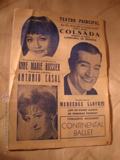 Folhetos de turismo: ANTIGUO FOLLETO TEATRO PRINCIPAL ALICANTE COLSADA, ANNE MARIE ROSSIER Y ANTONIO CASAL, 1972.