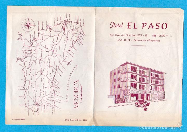 Folletos de turismo: HOTEL EL PASO. MENORCA. FOLLETO D&Iacute;PTICO CON PLANO DE MAH&Oacute;N Y MENORCA. 1964