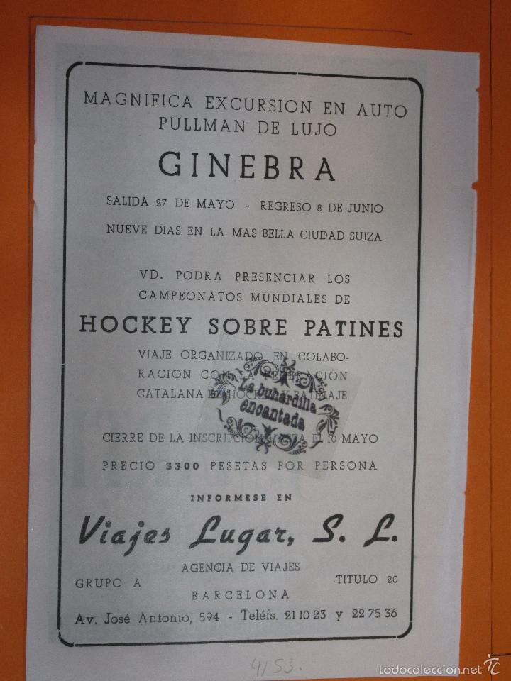 Folletos de turismo: PUBLICIDAD 1953 - COLECCION VIAJES - AUTO PULLMAN A GINEBRA VIAJES LUGAR