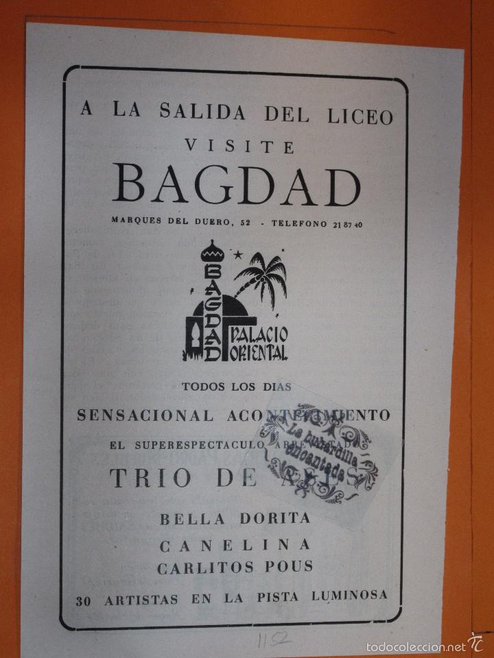 Brochures de tourisme: PUBLICIDAD 1952 - EL BAGDAD MARQUES DEL DUERO 52 BARCELONA - PRESENTA TRIO DE ASES BELLA DORITA