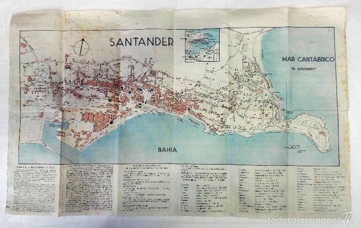 Folhetos de turismo: Plano guia de Santander, a&ntilde;os 40. Editado por la Junta Provincial de Turismo.Mucha informaci&oacute;n local