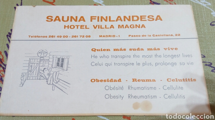 Brochures de tourisme: Antiguo folleto publicitario? de la Sauna finlandeda del Hotel Villa Magna. Quien m&aacute;s suda m&aacute;s vive.