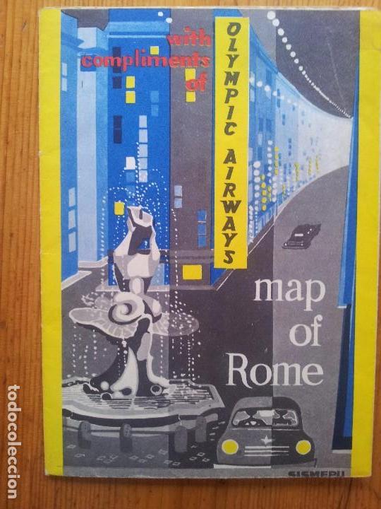 Brochures de tourisme: Mapa de Roma a&ntilde;os 50. Map of Rome Olympic Airways. En ingl&eacute;s y franc&eacute;s.