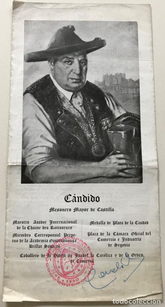Folletos de turismo: C&aacute;ndido Mesonero Mayor de Castilla - Folleto publicitario del restaurante con aut&oacute;grafo - Segovia
