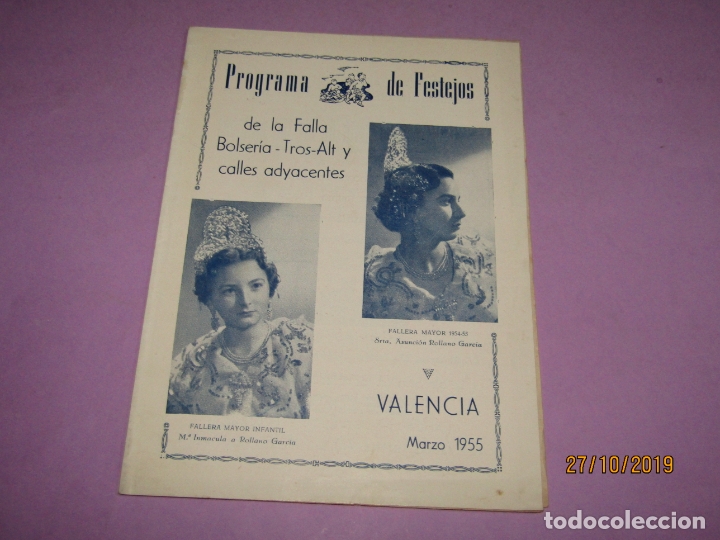 Folhetos de turismo: Antiguo Programa de Festejos Fallas de la Falla Bolser&iacute;a Tros Alt y Adyacen en Valencia del A&ntilde;o 1955