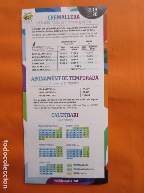 Folhetos de turismo: FOLLETO NURIA 2019 HORARIO CREMALLERA FERROCARRIL GENERALITAT CREMALLERA FUNICULAR LA MOLINA PIRINEO