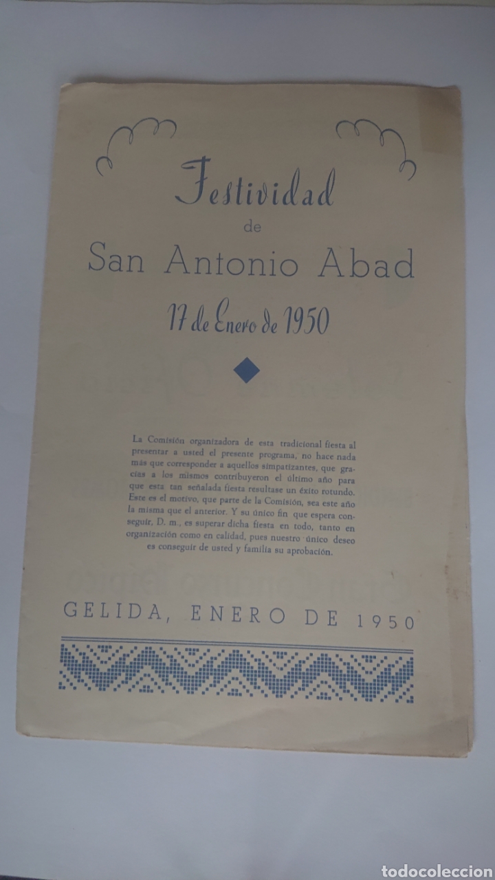 Folletos de turismo: PROGRAMA DE FESTIVIDAD DE SAN ANTONIO ABAD GELIDA ENERO 1950