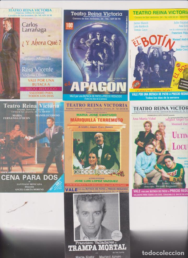Brochures de tourisme: Teatro Reina Victoria. Lote de 7 Vales Descuento: mariquilla Terremoto, El apag&oacute;n