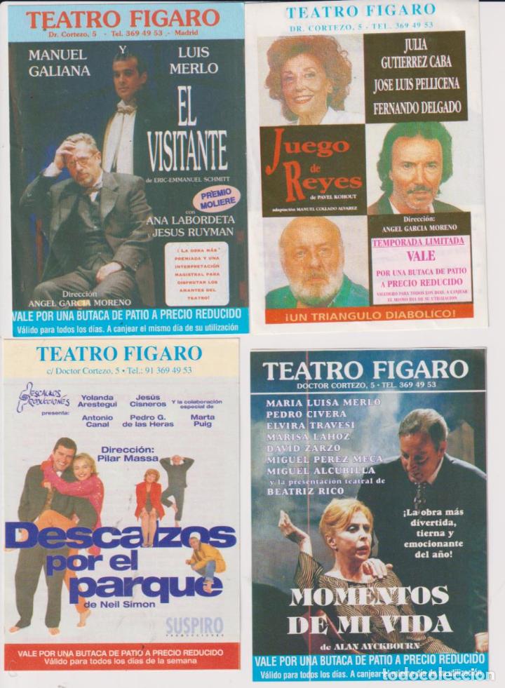Brochures de tourisme: Teatro F&iacute;garo. lote de 4 Vales descuentos: El Visitante, Juego de Reyes, Descalzos por el parque y M