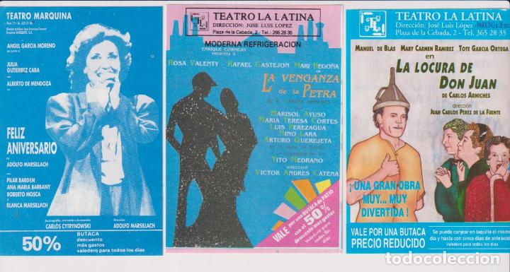 Brochures de tourisme: Lote de 3 Vales descuento. Teatro la Latina: La locura de don Juan y La venganza de la Petra. Teatro