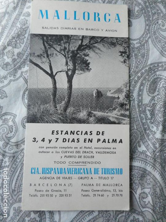 Folletos de turismo: MALLORCA.SALIDAS DIARIAS BARCO AVION.ESTANCIAS EN PALMA.CO.HISPANOAMERICANA TURISMO 1969