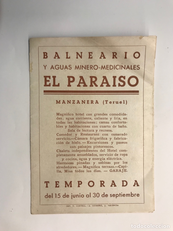 Brochures de tourisme: MANZANERA (Teruel) Folleto del Balneario y sus aguas Minero Medicinales EL PARAISO ..(a.1927)