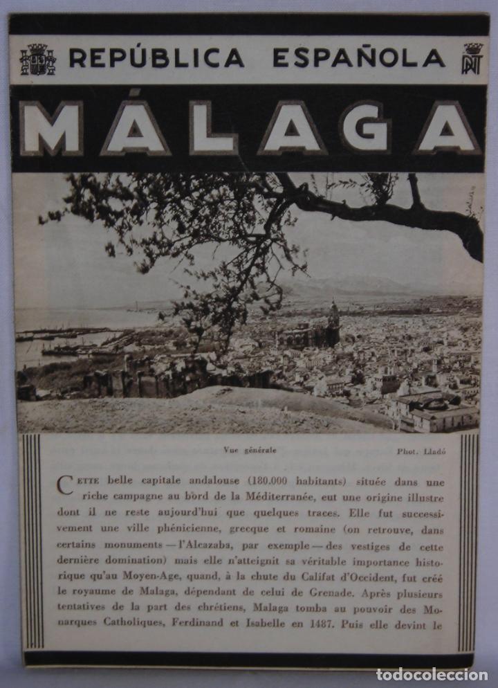 Folletos de turismo: M&aacute;laga Patronato Nacional del Turismo Rep&uacute;blica Espa&ntilde;ola plano fotos arte historia en franc&eacute;s