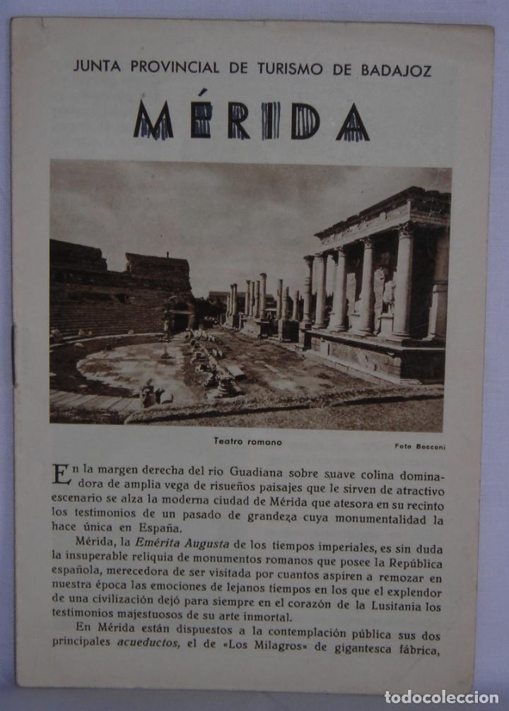 Folletos de turismo: M&eacute;rida Junta Provincial Patronato Nacional del Turismo plano fotos arte historia sello sindicato