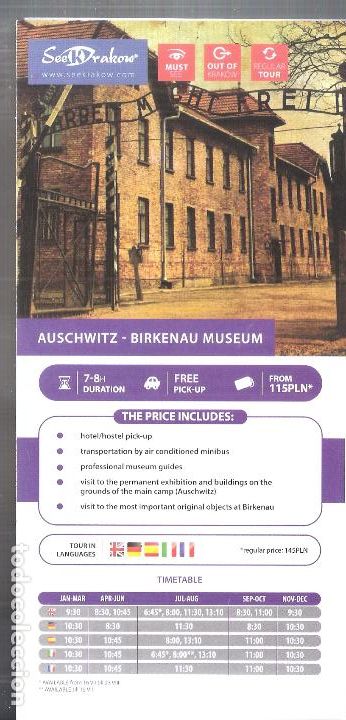 Folletos de turismo: SeeKrakow. Auschwitz . Birkenau Museum, Polonia. Tr&iacute;ptico Turismo. 21x10 cm.