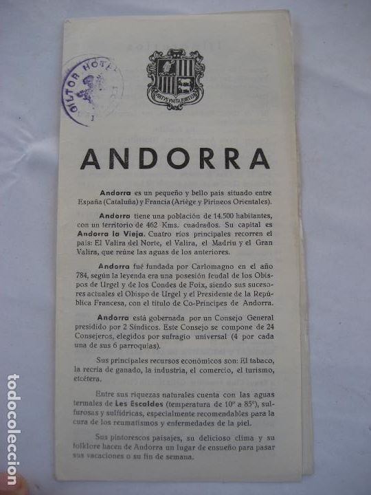 Tourismusbrosch&uuml;ren: Andorra. Diptico turistico. Sello Hotel Giltor