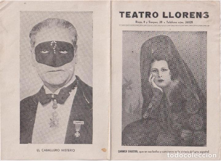 Brochures de tourisme: Teatro Llorens. Programa doble. 29 Abril 1938. Carmen Diadema. El Caballero Misterio