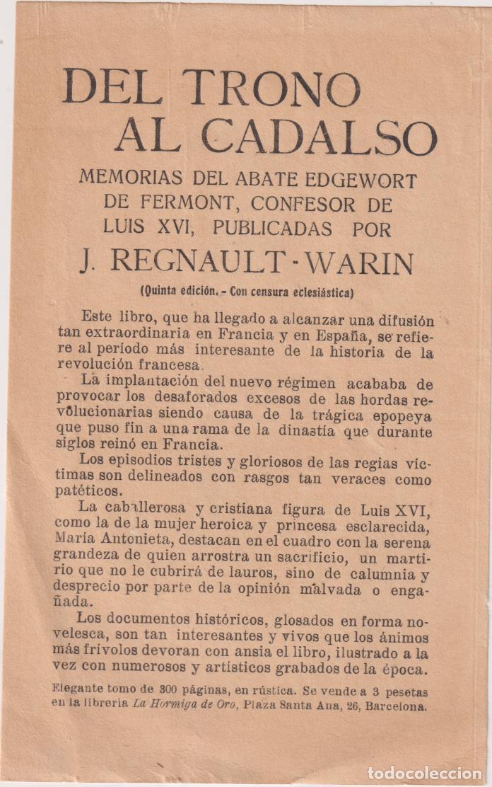 Folletos de turismo: Del Trono al Cadalso. Publicidad (19x11) Librer&iacute;a La Hormiga de Oro, A&ntilde;o 1907